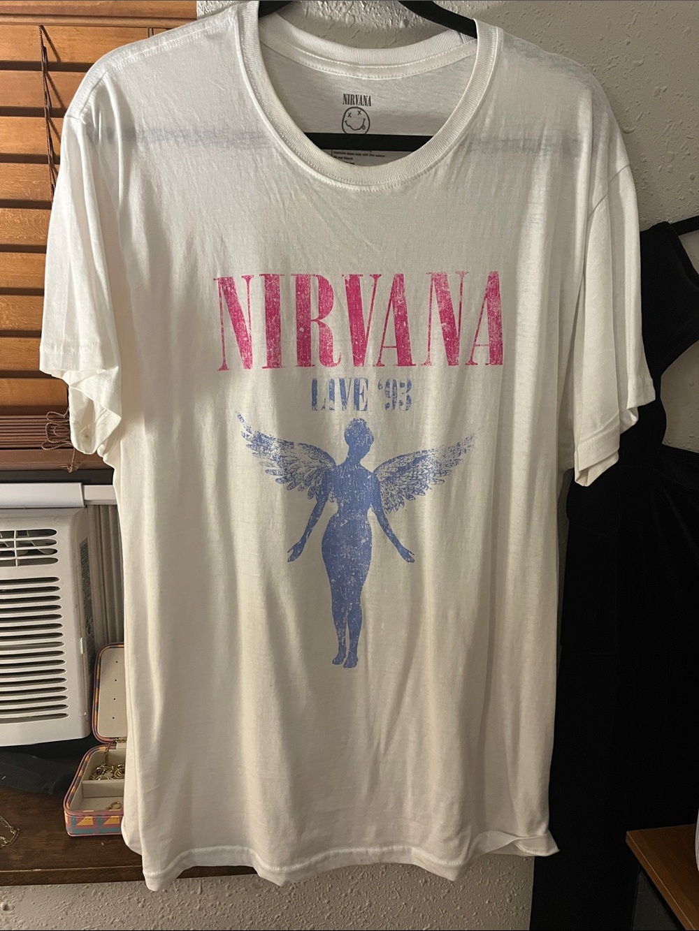 NIRVANA White Short Sleeve Tee with Pink Logo and Blue Angel Graphic